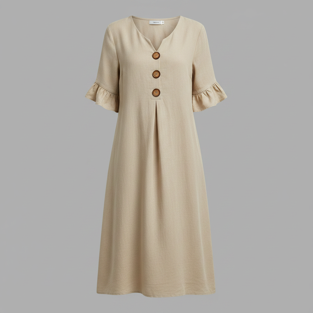 Abito Midi Donna in Lino con Bottoni e Maniche Volant | Abbigliamento Donna