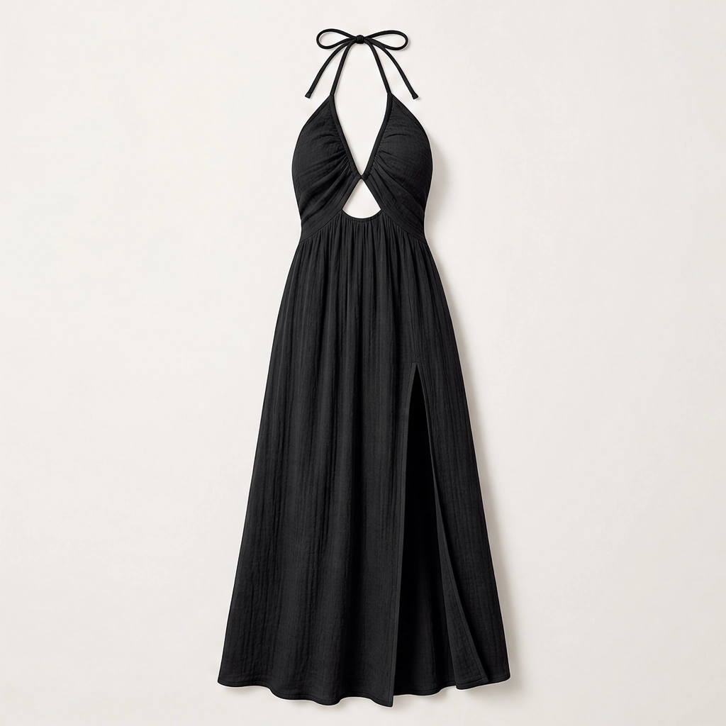 Solenne Abito Lungo da Donna con Scollo all'Americana - Vestito Estivo Schiena Scoperta con Scollo a V e Spacco Alto