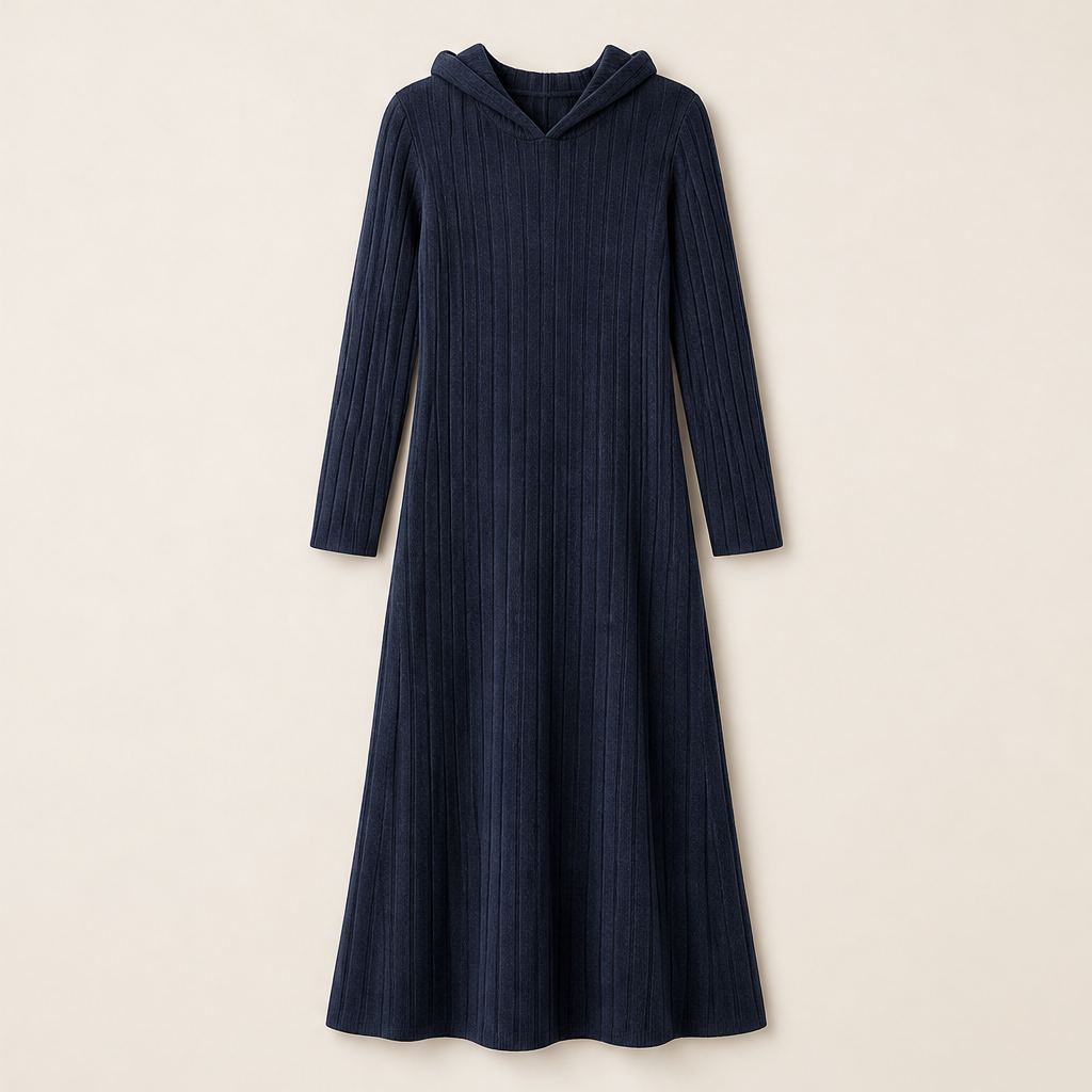 Velmora – Abito Maxi in Maglia a Coste con Cappuccio Navy
