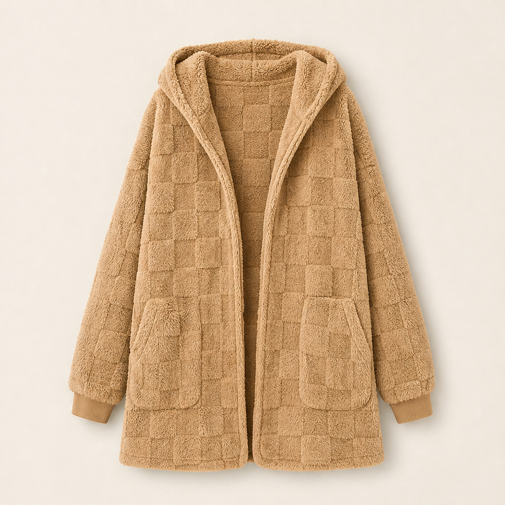 Morvenza – Cardigan Peloso a Quadri con Cappuccio Beige
