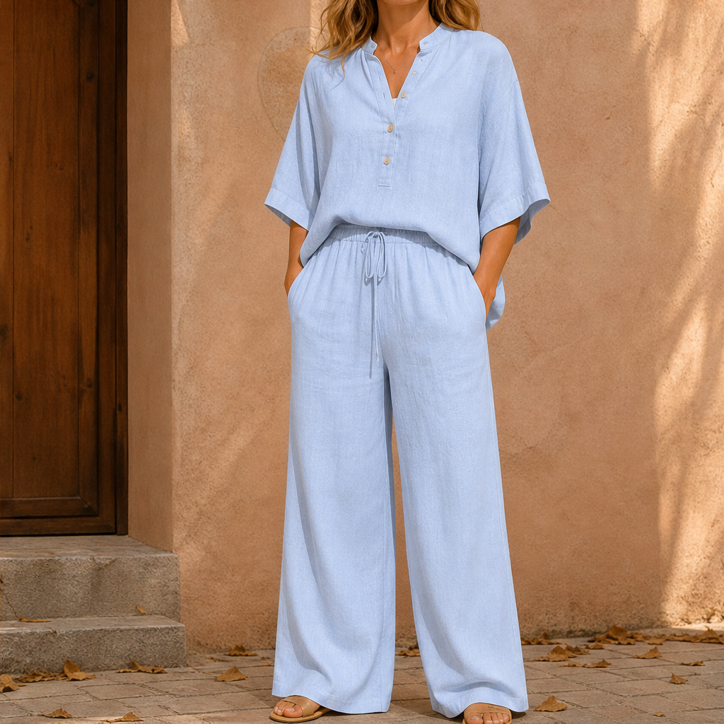 Linoria – Completo Camicia e Pantaloni in Lino e Cotone Light Blue