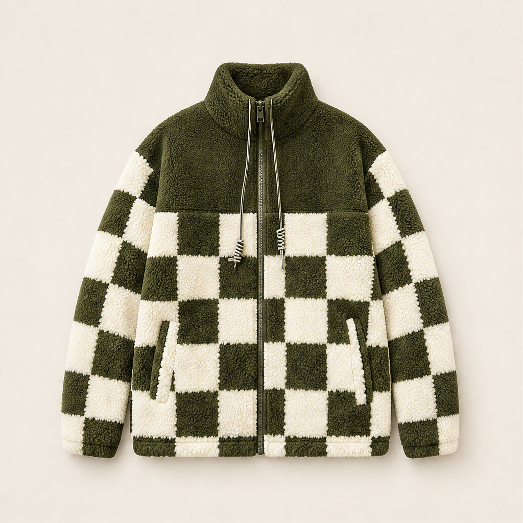 Melany – Giacca in Pile a Quadri con Cappuccio Green