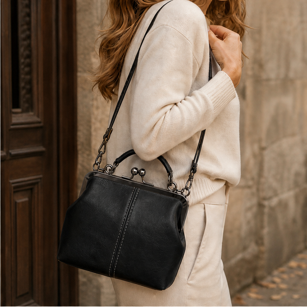 Vareloma – Borsa Vintage con Chiusura a Clamp Black