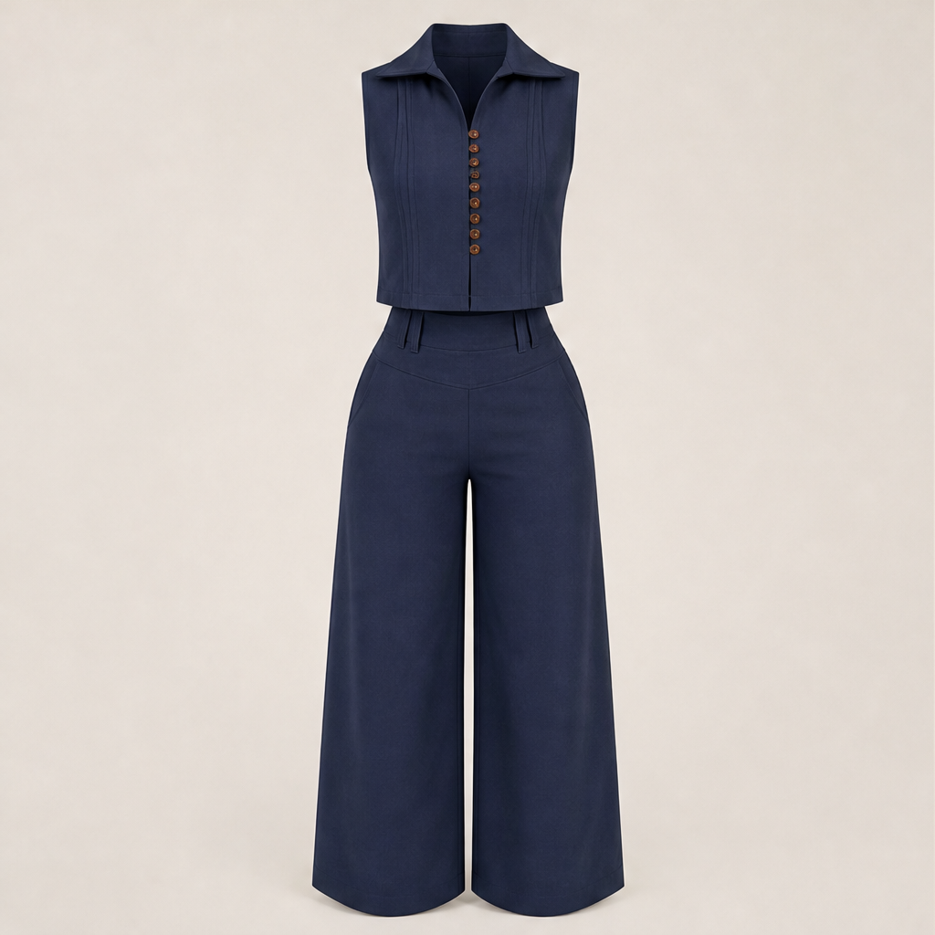 Velinora – Completo Smanicato con Pantaloni Ampi Navy