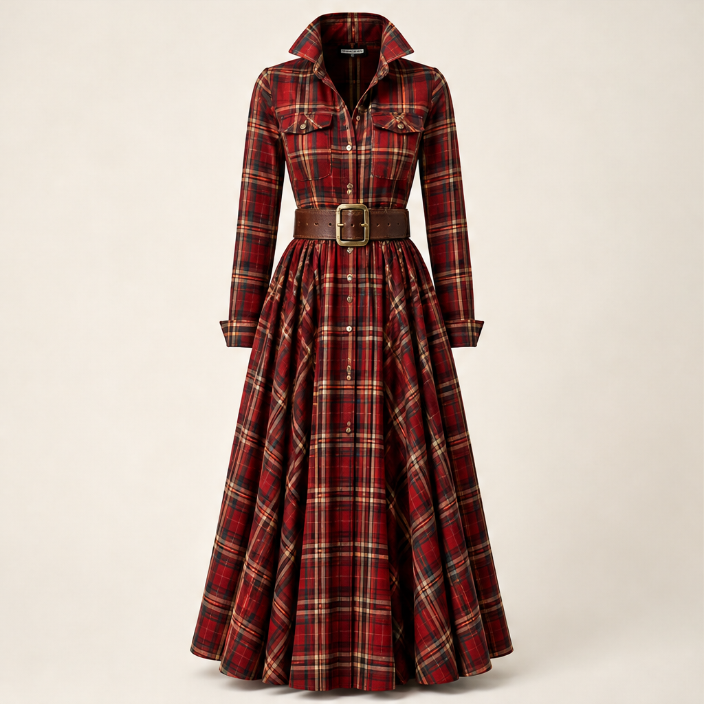 Chavelle – Abito Scozzese Plissé con Cintura in Pelle Red
