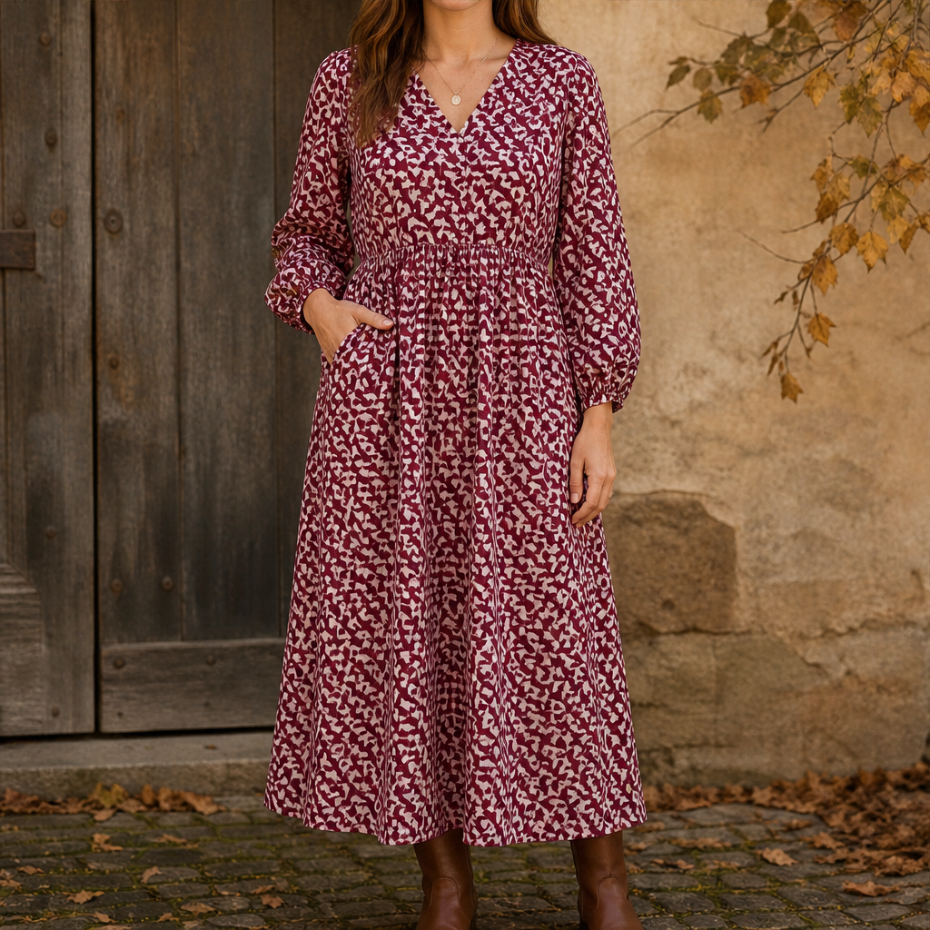 Velmora – Abito Midi a Maniche Lunghe con Fantasia Berry Print