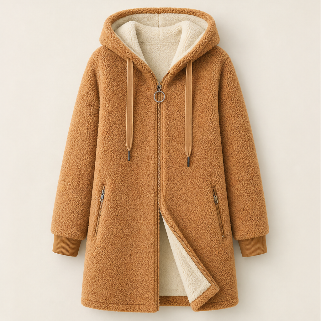 Lanicora – Cappotto in Ecopelliccia Agnello con Cappuccio Camel