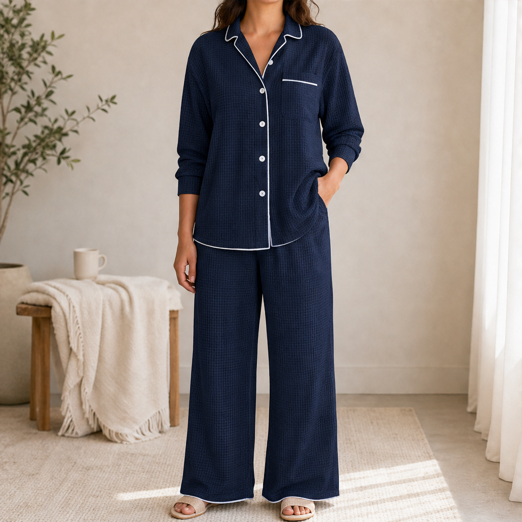 Novarelle – Pigiama in Flanella con Collo a Rever Navy