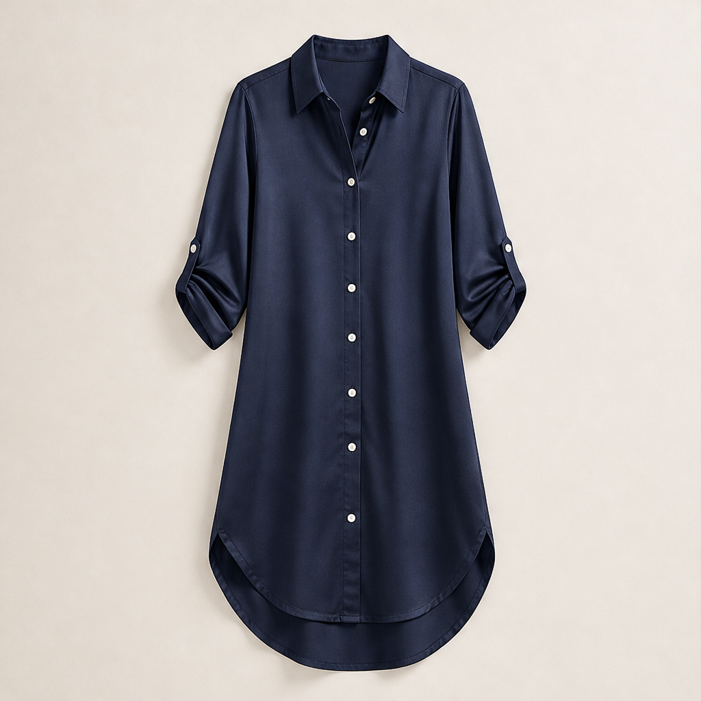 Lucenta – Camicia Lunga in Raso con Orlo Asimmetrico Navy
