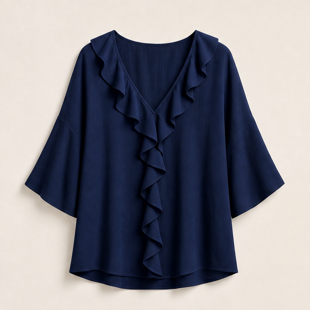 Blusa Bianca con Scollo a V e Volant | Elegante Top Effetto Lino da Donna con Maniche Svasate