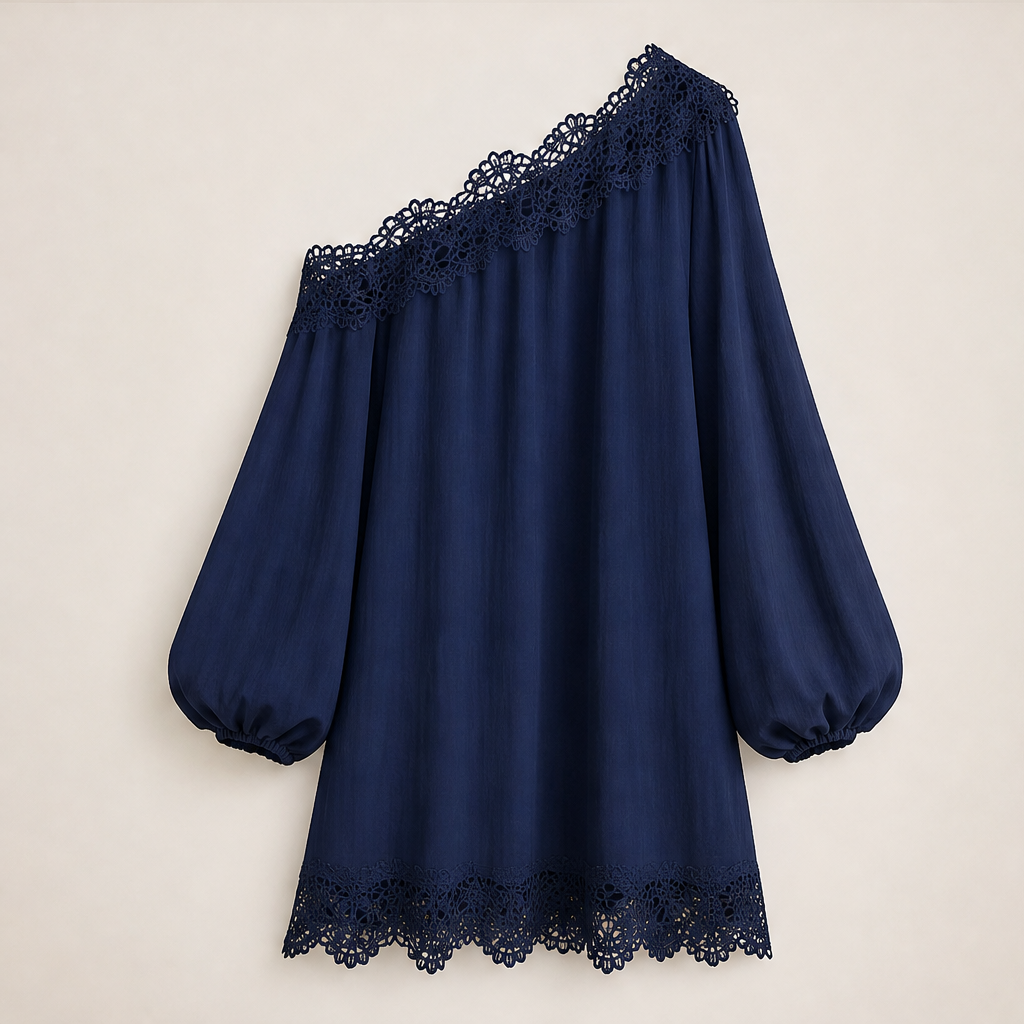 Voliera – Mini Abito Monospalla in Chiffon con Pizzo Navy