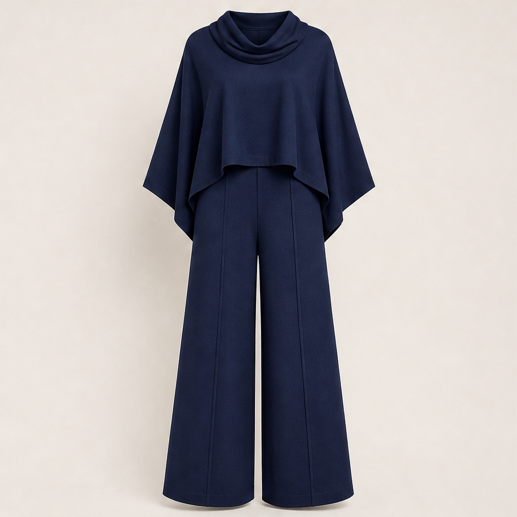 Velarosa – Completo Mantella Collo Alto e Pantaloni Palazzo Navy