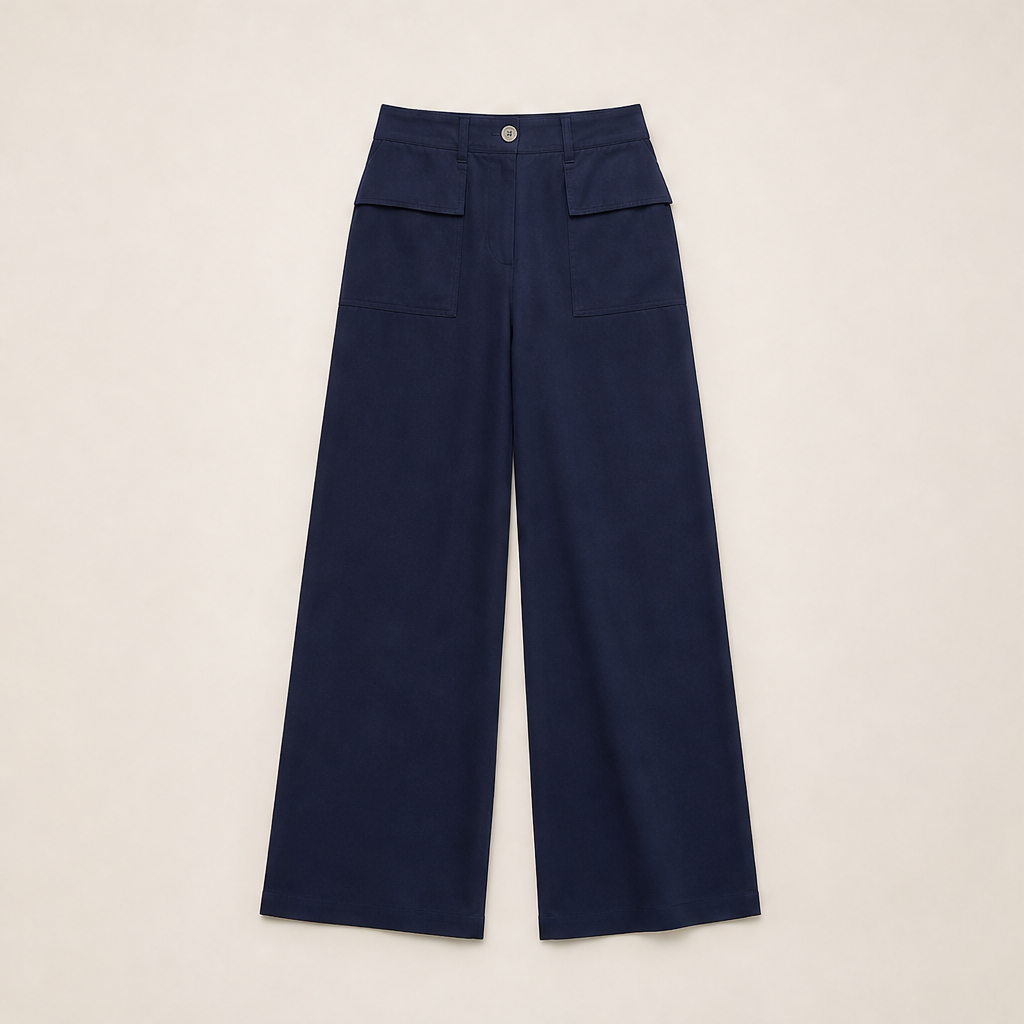Marlow Pantaloni Donna a Gamba Larga in Cotone e Lino - Pantaloni Casual Fluidi a Vita Alta Blu Navy