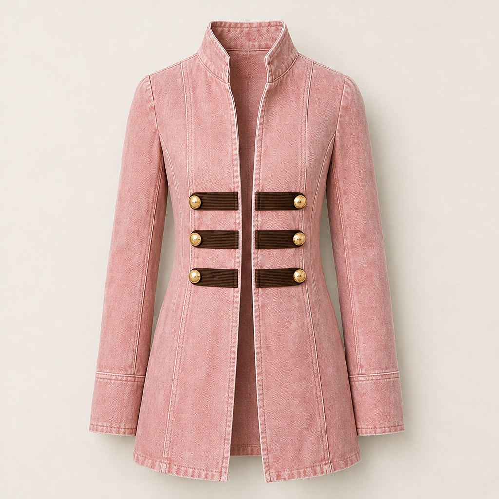 Varonne – Giacca Blazer Militare in Denim con Bottoni Dorati Pink