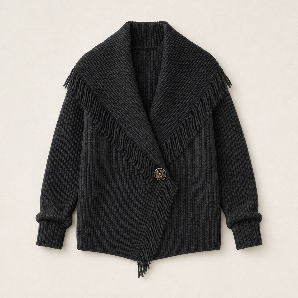 Fransetta – Cardigan in Maglia con Frange e Scialle Grey