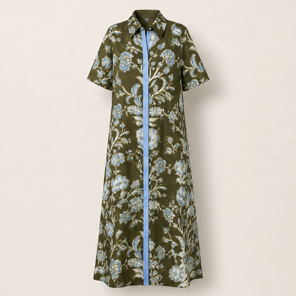 Florentia – Abito Camicia Maxi a Contrasto Floreale Olive