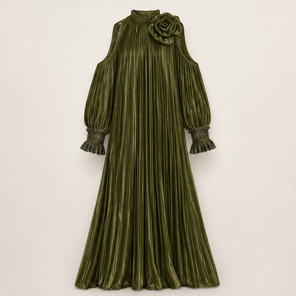 Olverra – Abito Lungo Plissettato con Fiore Olive Green