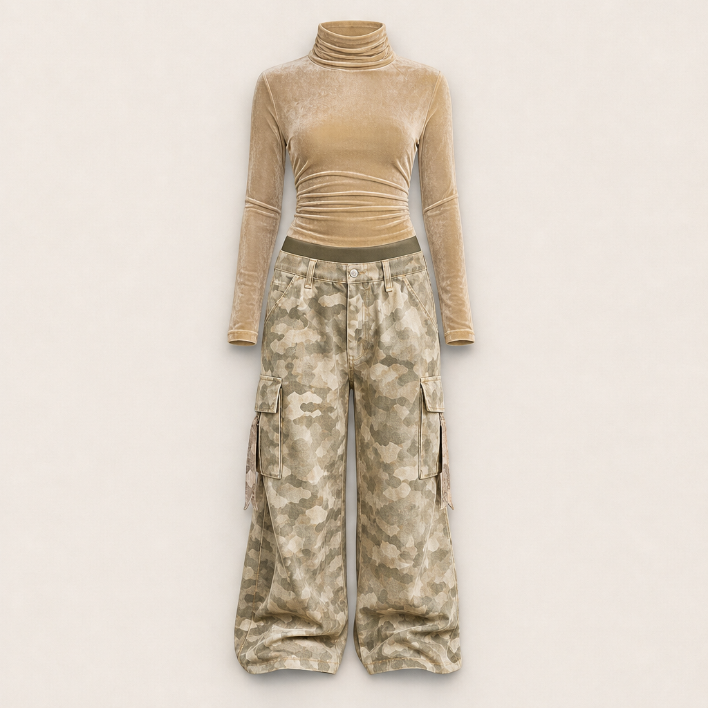 Velmara – Top Vellutato e Pantaloni Cargo Camouflage Khaki