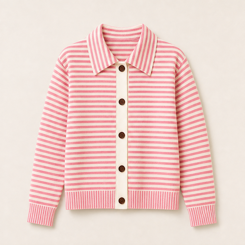 Marielle – Cardigan Girocollo a Righe in Maglia Pink