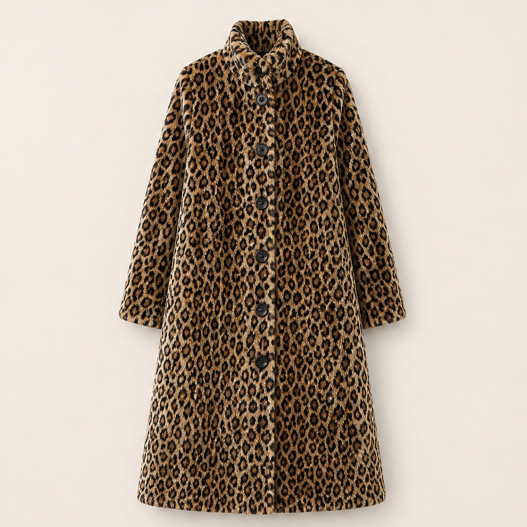 Velmara – Cappotto Leopardato Collo Alto in Eco-Pelliccia Brown
