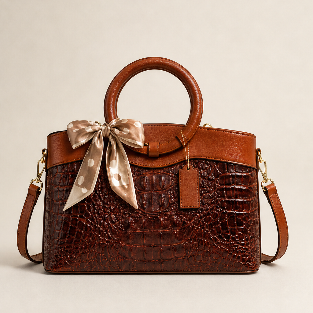 Ladrienne – Borsa in Pelle Effetto Coccodrillo con Manico ad Anello Brown
