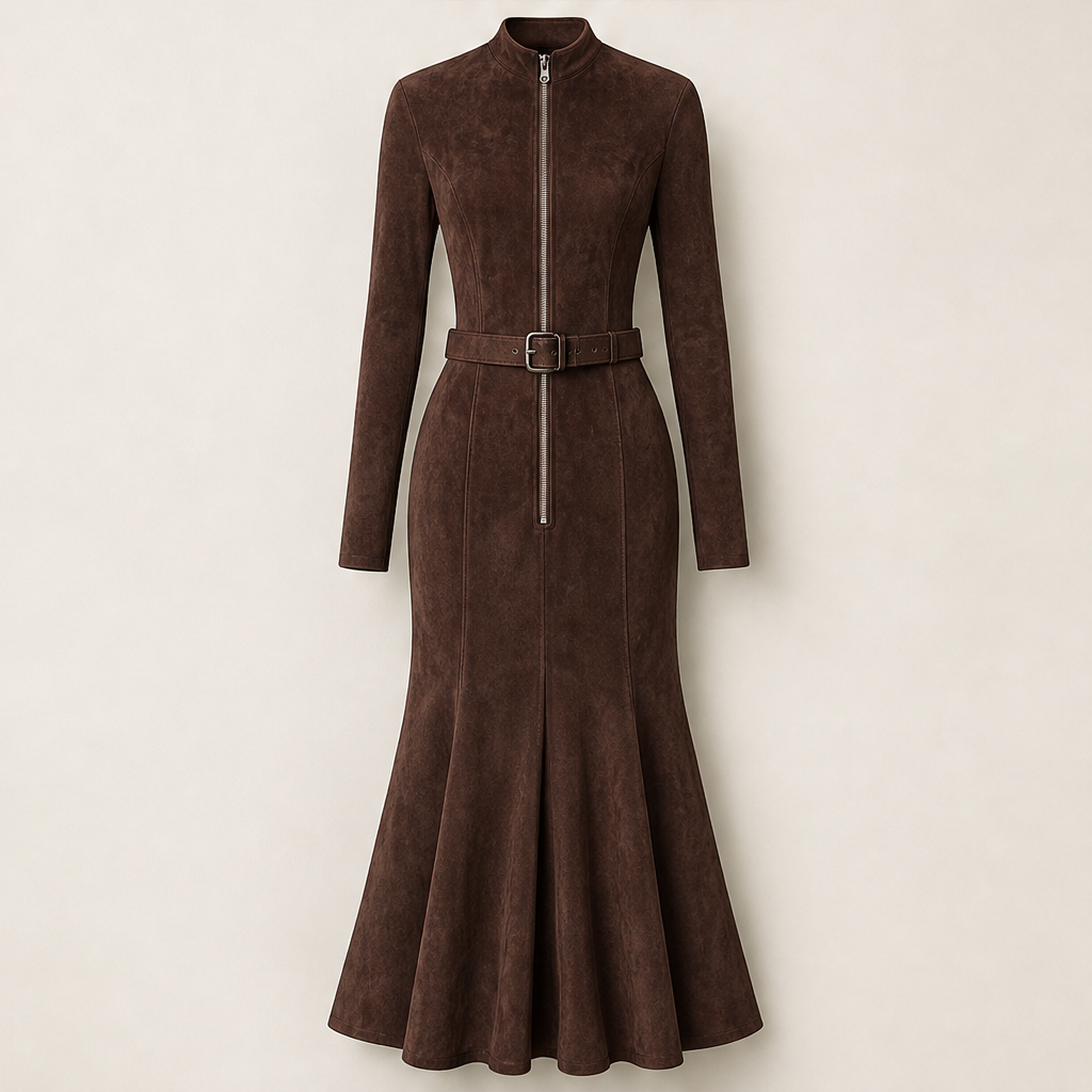 Velmora – Abito Lungo in Suede con Zip a Sirena Brown