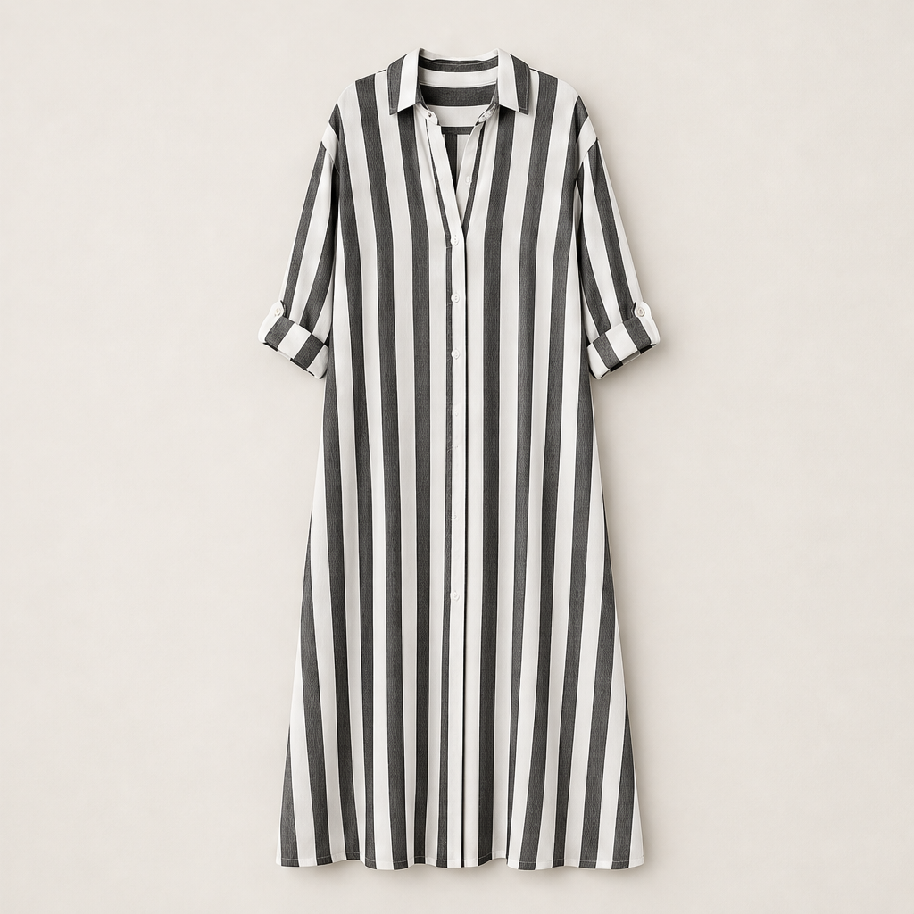 Marielle – Abito Maxi a Righe Collo Camicia Grey