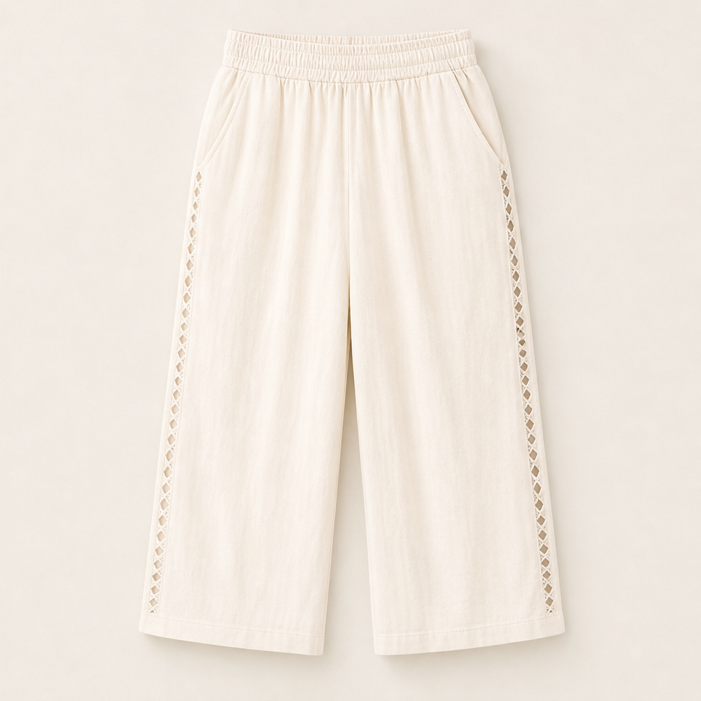 Lacerina – Pantaloni Capri Vita Alta con Pizzo Beige