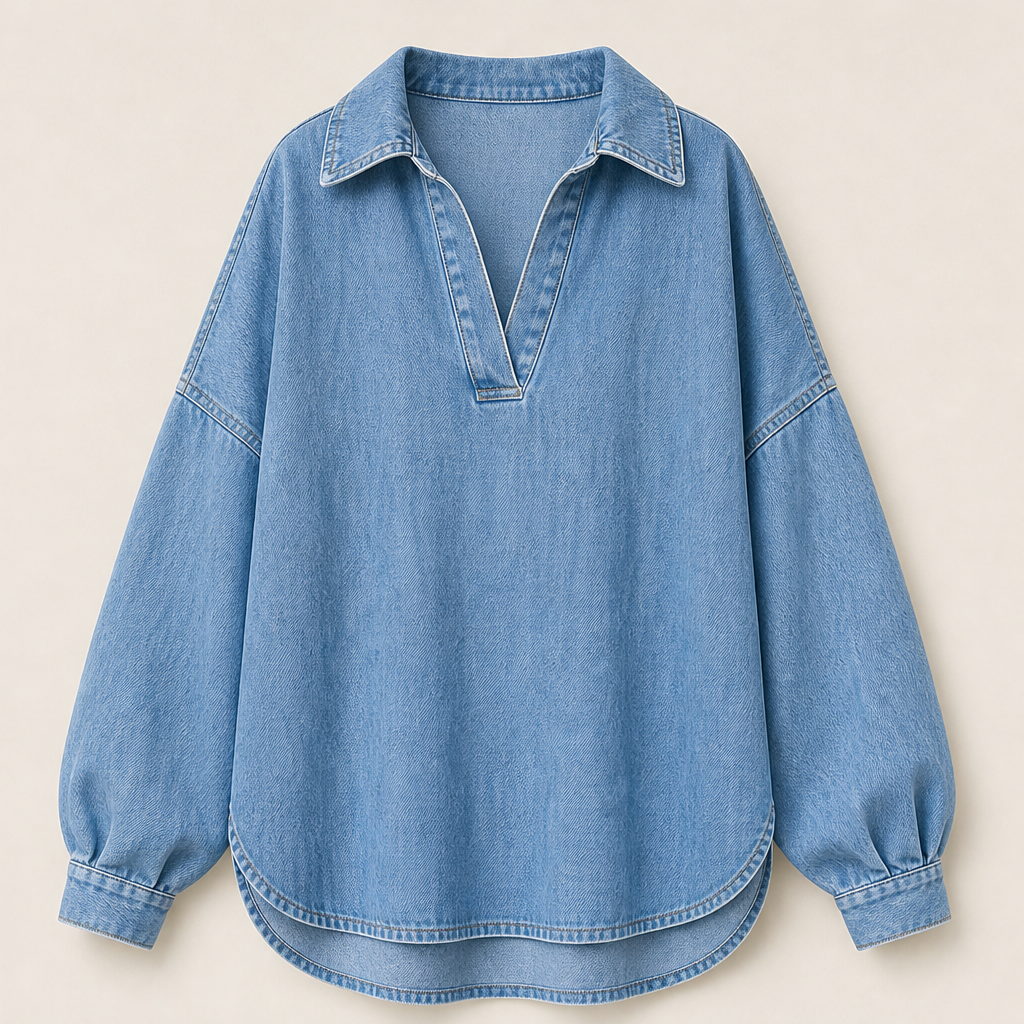 Vellira – Blusa Oversize in Denim Lavato con Scollo a V Light Blue