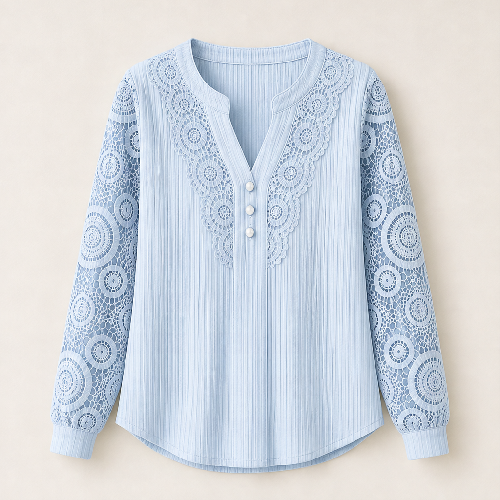 Lorenza – Blusa in Pizzo Patchwork Scollo a V Light Blue