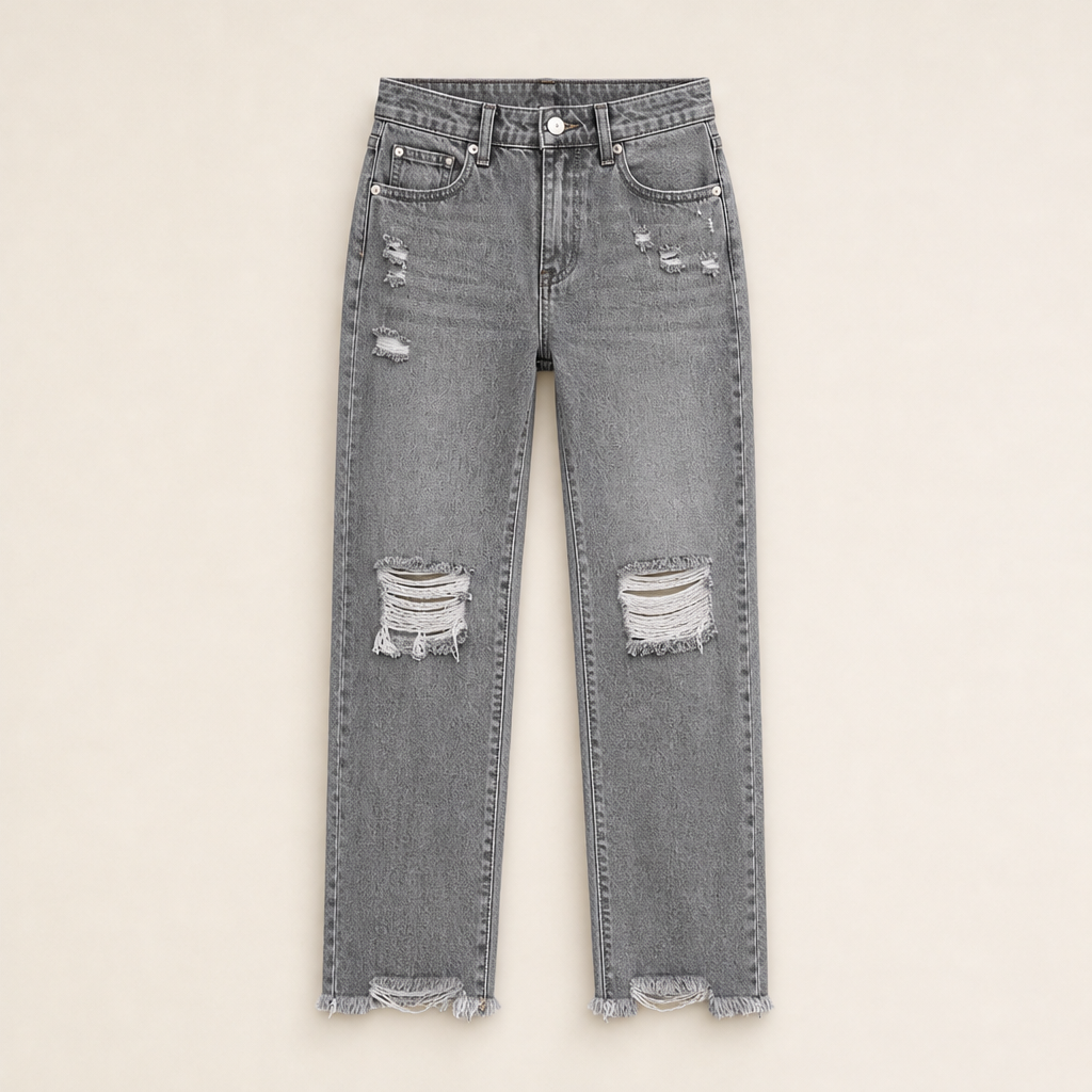 Vellara – Jeans Dritti Vita Alta Strappati Grey