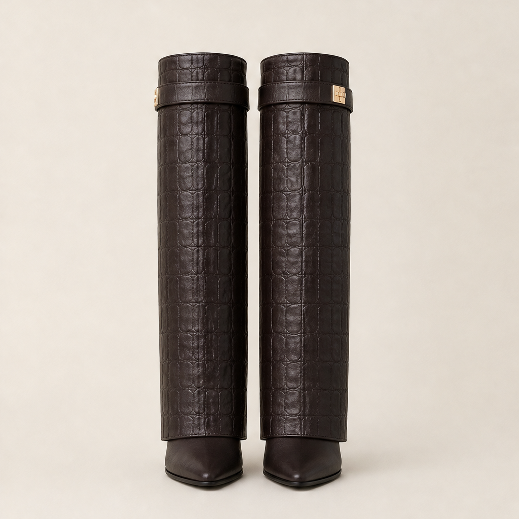 Coccara – Stivali Alti in Pelle Effetto Coccodrillo Brown