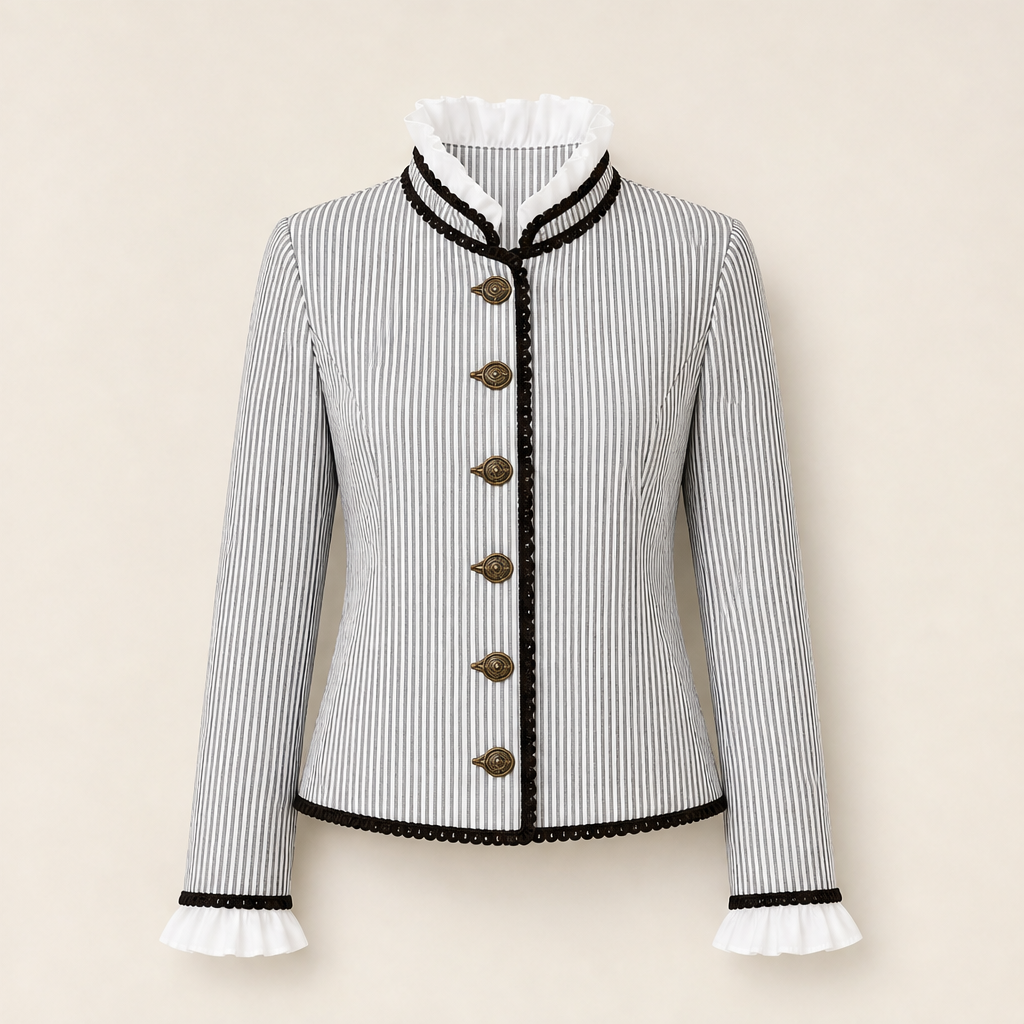 Vellisa – Giacca a Righe con Colletto Arricciato e Pizzo Grey