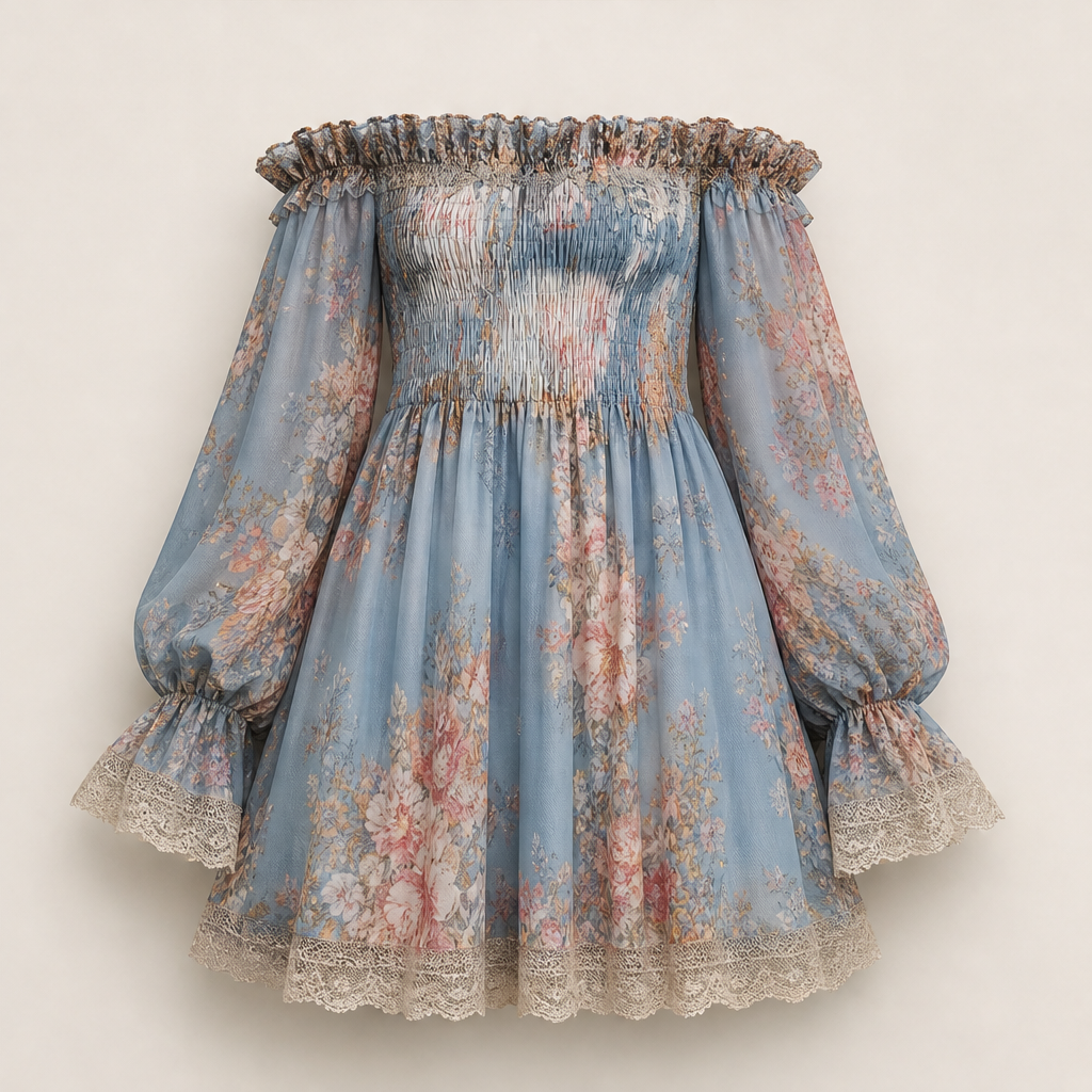 Rosalind Miniabito Donna Floreale in Chiffon con Spalle Scoperte e Corpetto Arricciato - Prendisole Boho con Bordo in Pizzo Floreale Blu