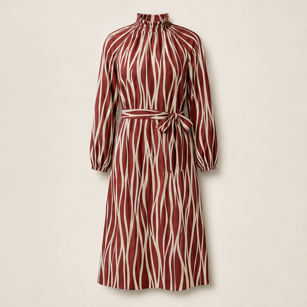 Velrosa – Abito Midi con Stampa Foglie Astratta Bordeaux