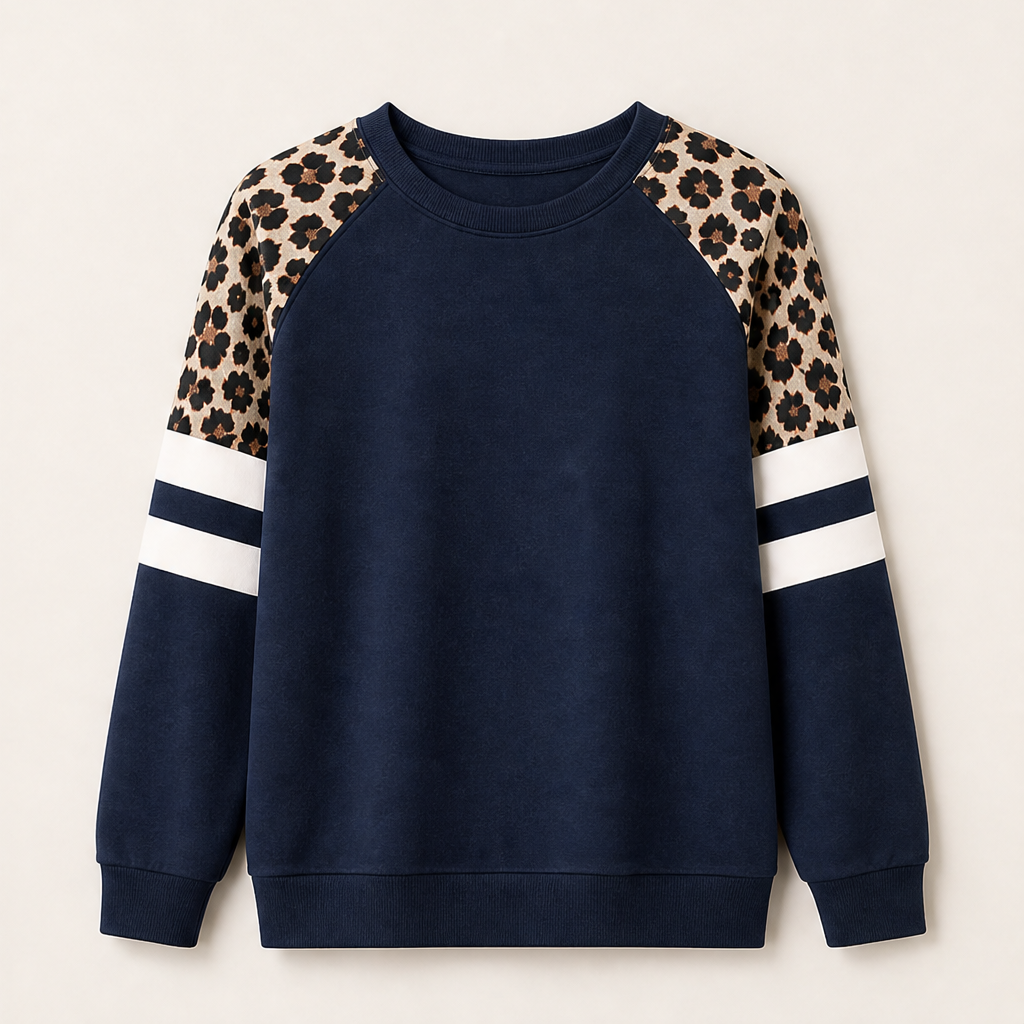 Velmara – Felpa Color Block con Maniche Leopardate Navy