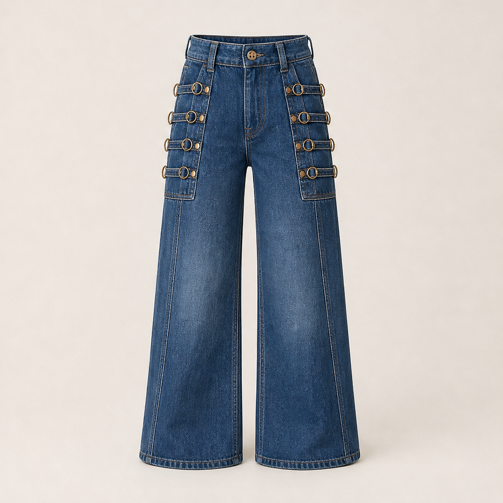 Vaquelia – Jeans a Vita Alta Gamba Larga con Fibbia Blue