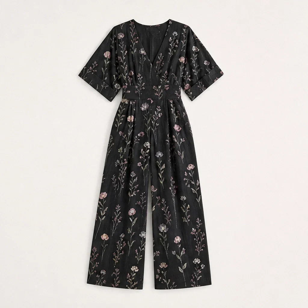 Wrenvale Tuta Floreale da Donna a Gamba Larga - Jumpsuit Estiva Smanicata con Scollo a V e Tasche