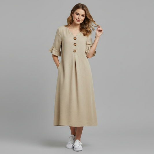 Abito Midi Donna in Lino con Bottoni e Maniche Volant | Abbigliamento Donna