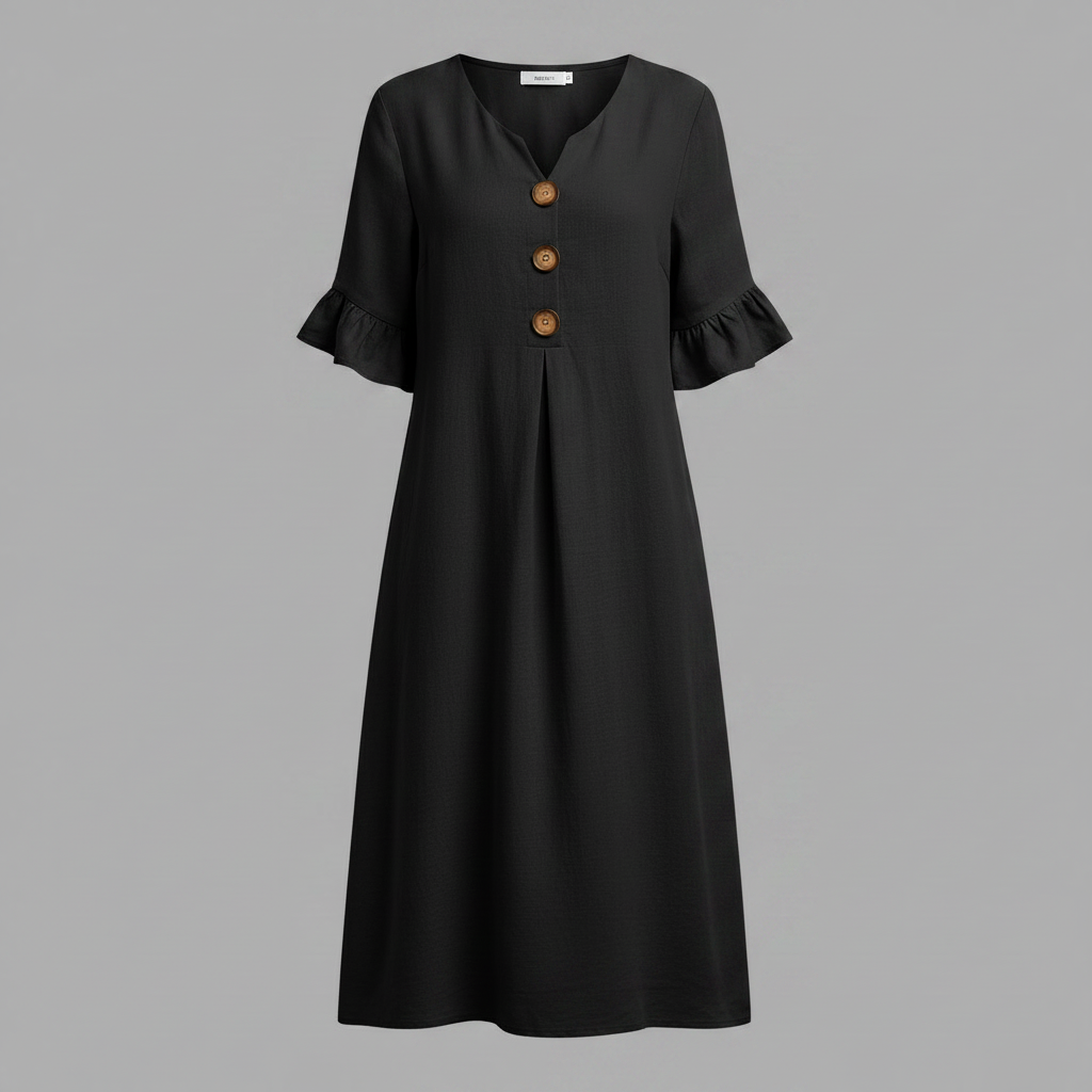 Abito Midi Donna in Lino con Bottoni e Maniche Volant | Abbigliamento Donna