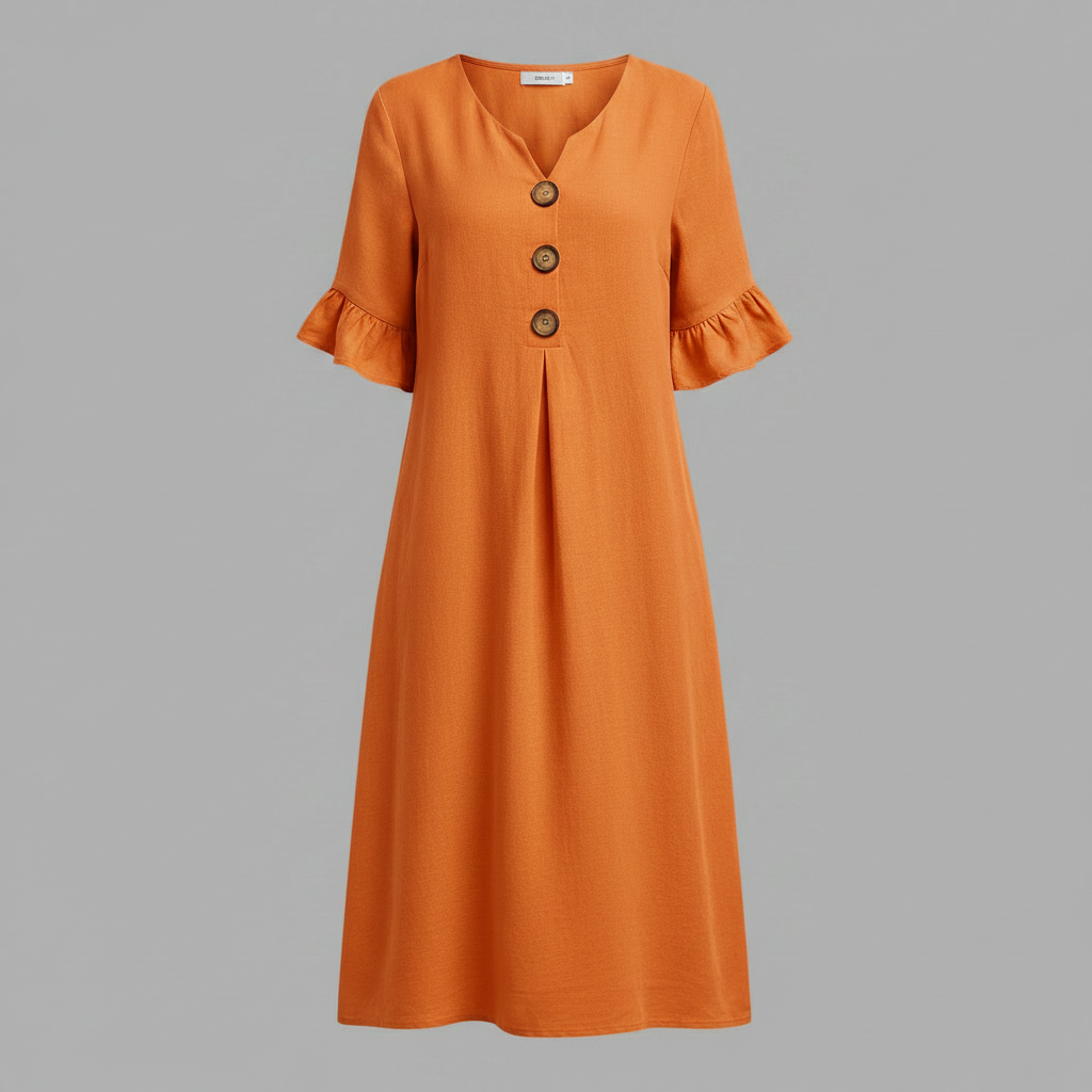 Abito Midi Donna in Lino con Bottoni e Maniche Volant | Abbigliamento Donna