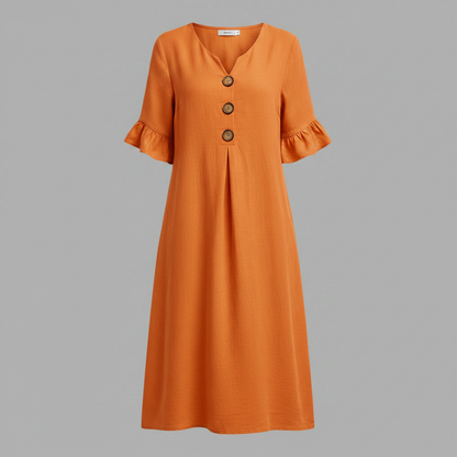 Abito Midi Donna in Lino con Bottoni e Maniche Volant | Abbigliamento Donna