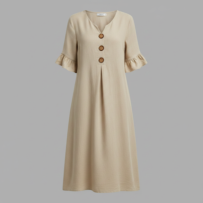 Abito Midi Donna in Lino con Bottoni e Maniche Volant | Abbigliamento Donna