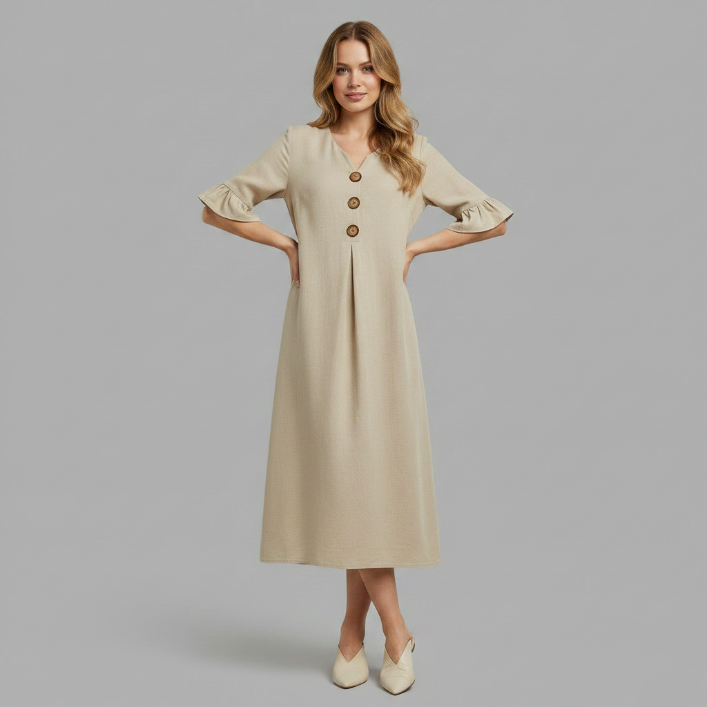Abito Midi Donna in Lino con Bottoni e Maniche Volant | Abbigliamento Donna