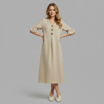 Abito Midi Donna in Lino con Bottoni e Maniche Volant | Abbigliamento Donna