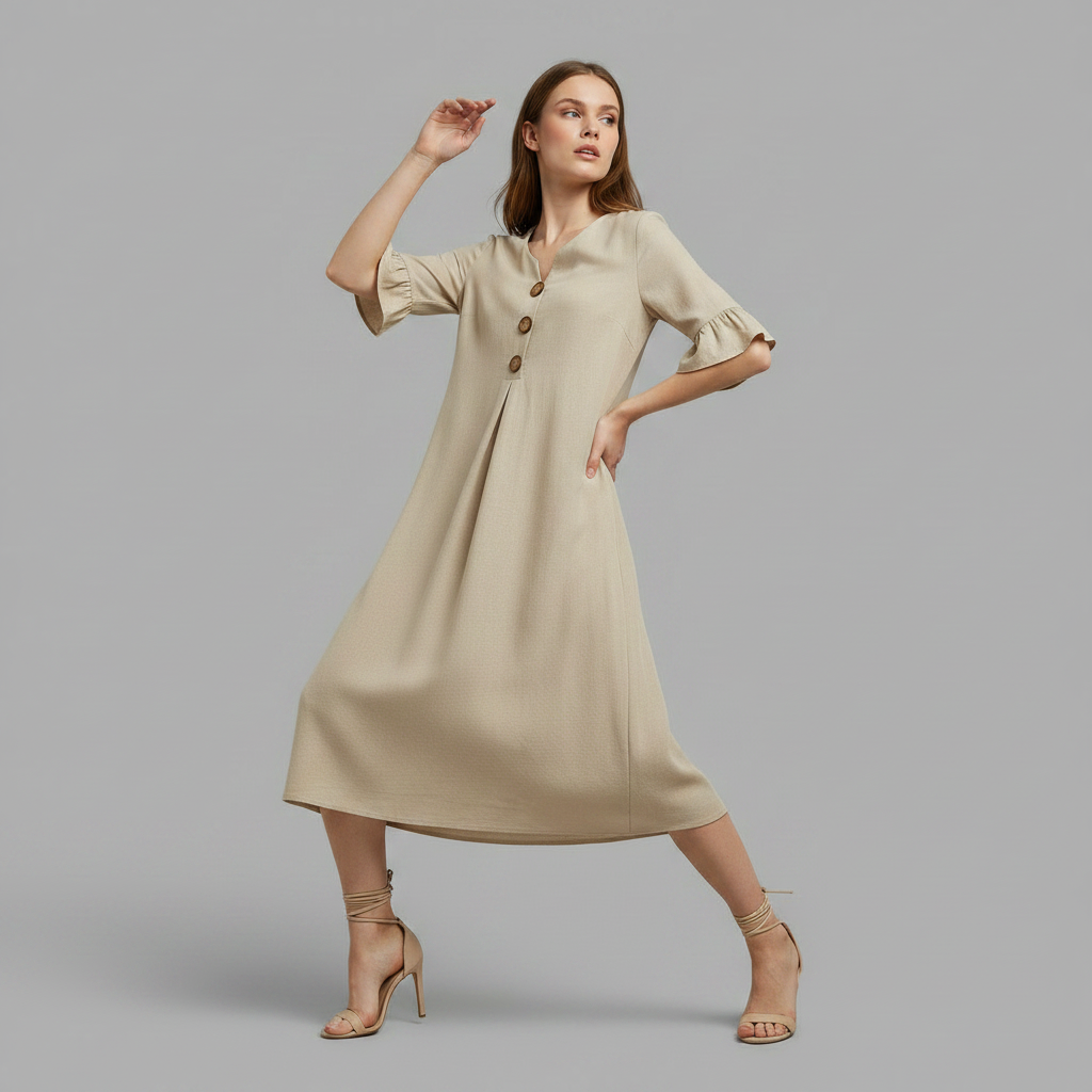 Abito Midi Donna in Lino con Bottoni e Maniche Volant | Abbigliamento Donna
