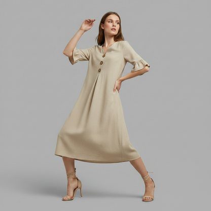 Abito Midi Donna in Lino con Bottoni e Maniche Volant | Abbigliamento Donna