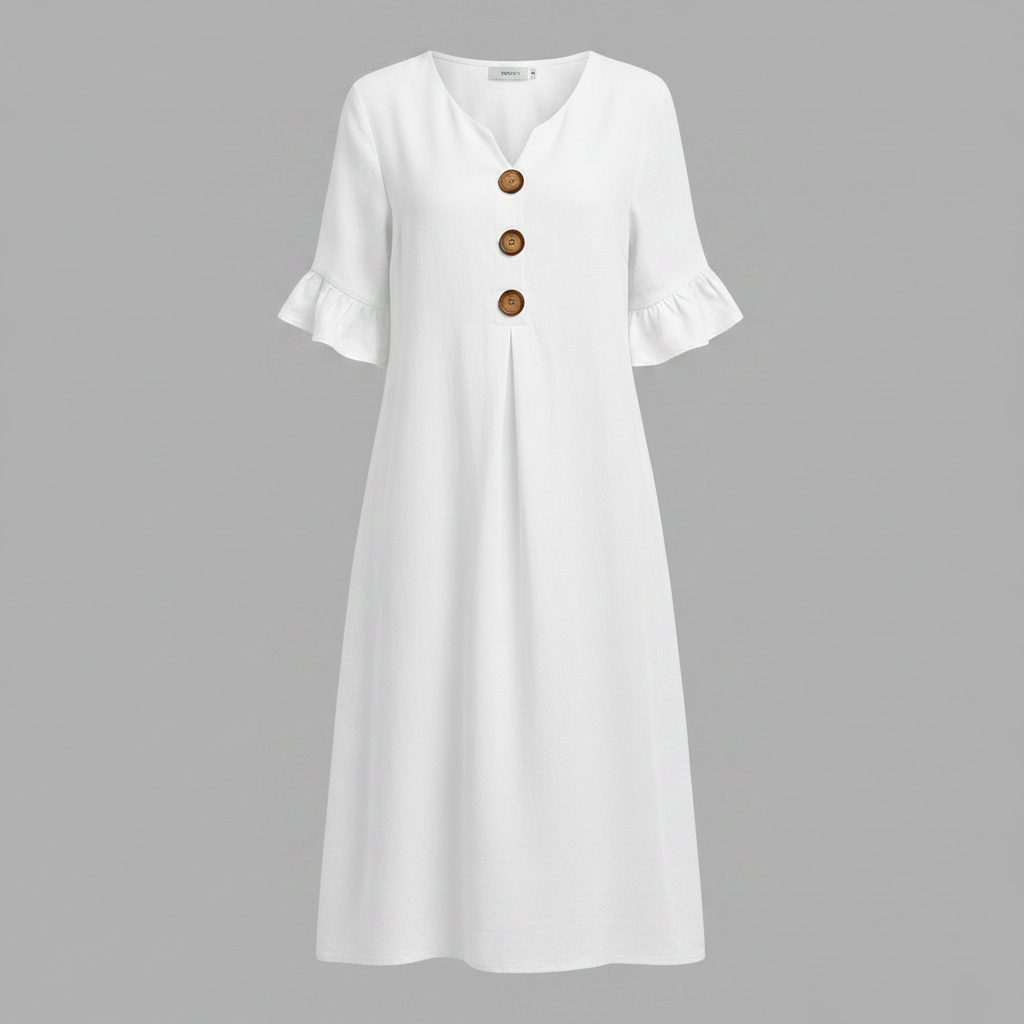 Abito Midi Donna in Lino con Bottoni e Maniche Volant | Abbigliamento Donna