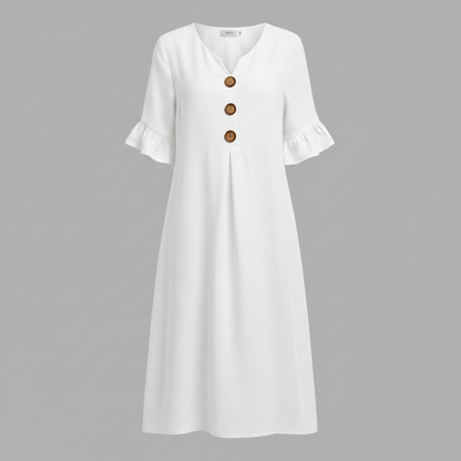 Abito Midi Donna in Lino con Bottoni e Maniche Volant | Abbigliamento Donna