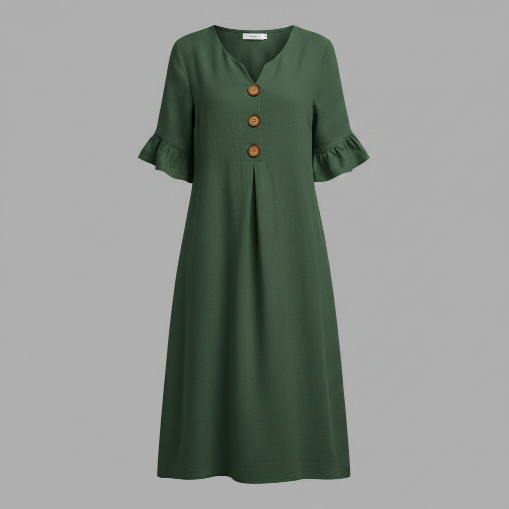 Abito Midi Donna in Lino con Bottoni e Maniche Volant | Abbigliamento Donna